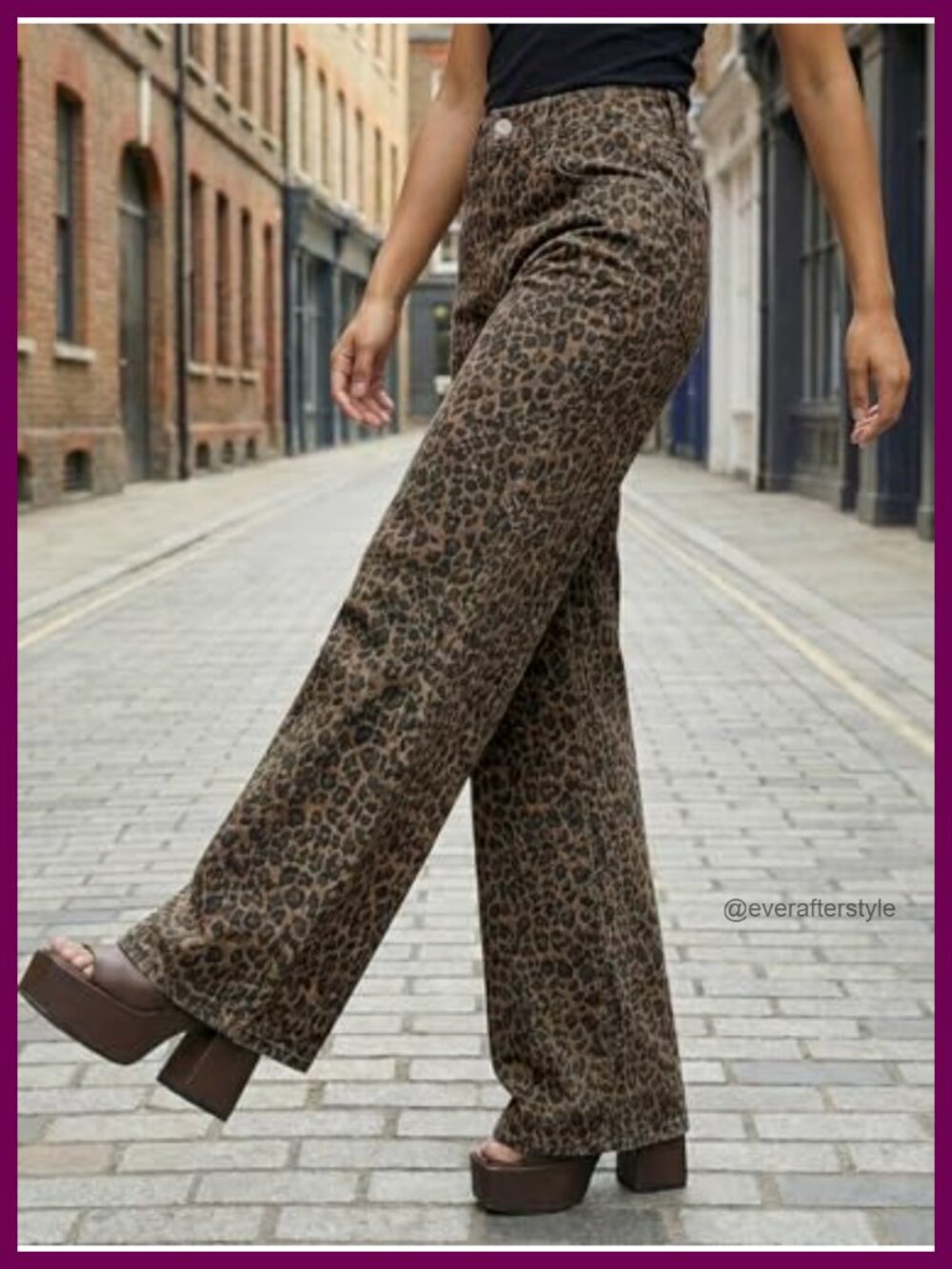 High Waisted Wide Leg Stretchy Leopard Print Jeans with Pockets - Picture 2 of 5